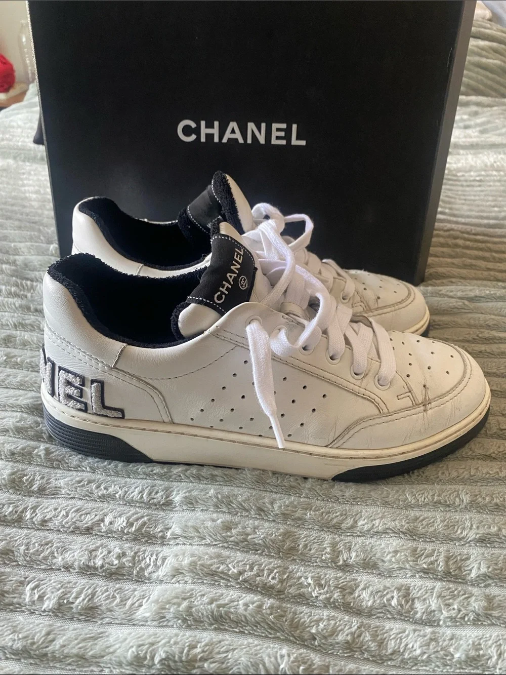 CHANEL White Leather Womens Low-Top Sneakers with Black Accents